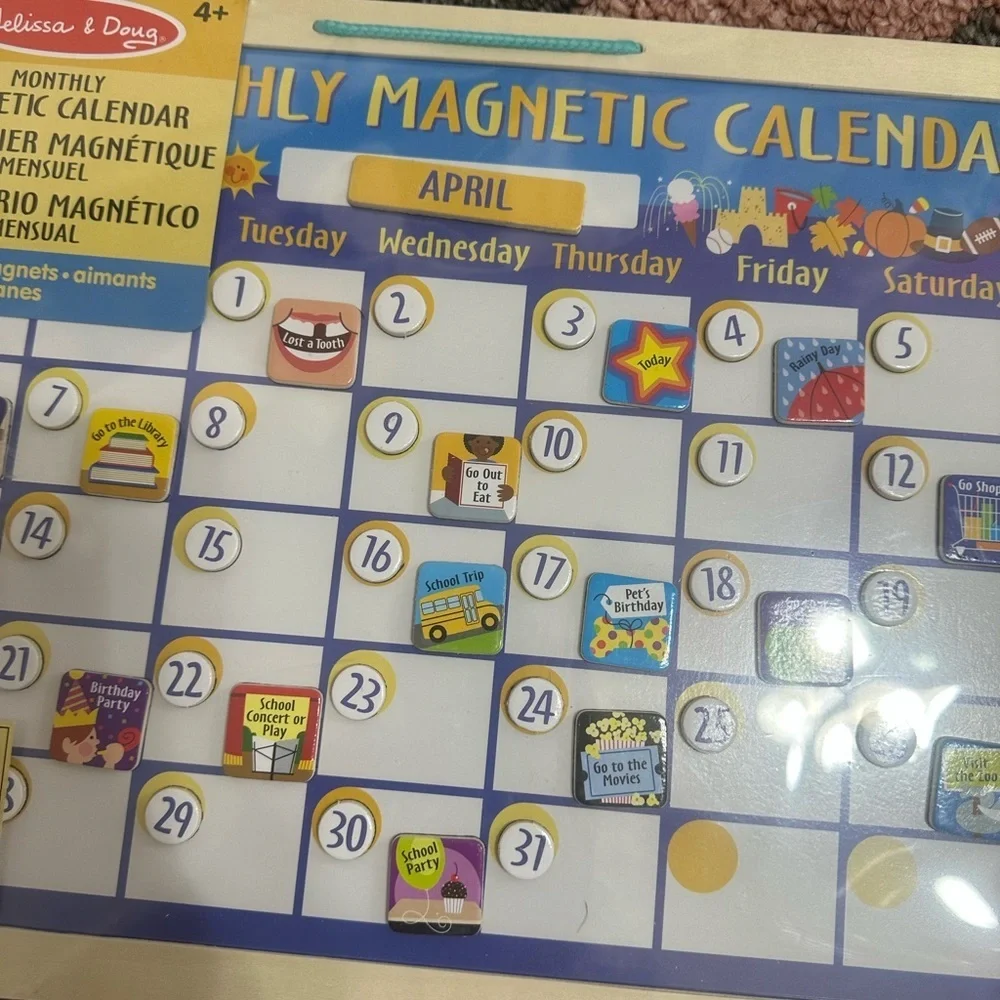 New Melissa & Doug LARGE Colorful Magnetic Calendar Wood Wall Hang 112 Magnets